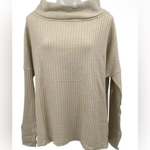 🆕Free People Juicy Long Sleeve Stone Cold Beige Waffle Knit Cowl Neck Size S